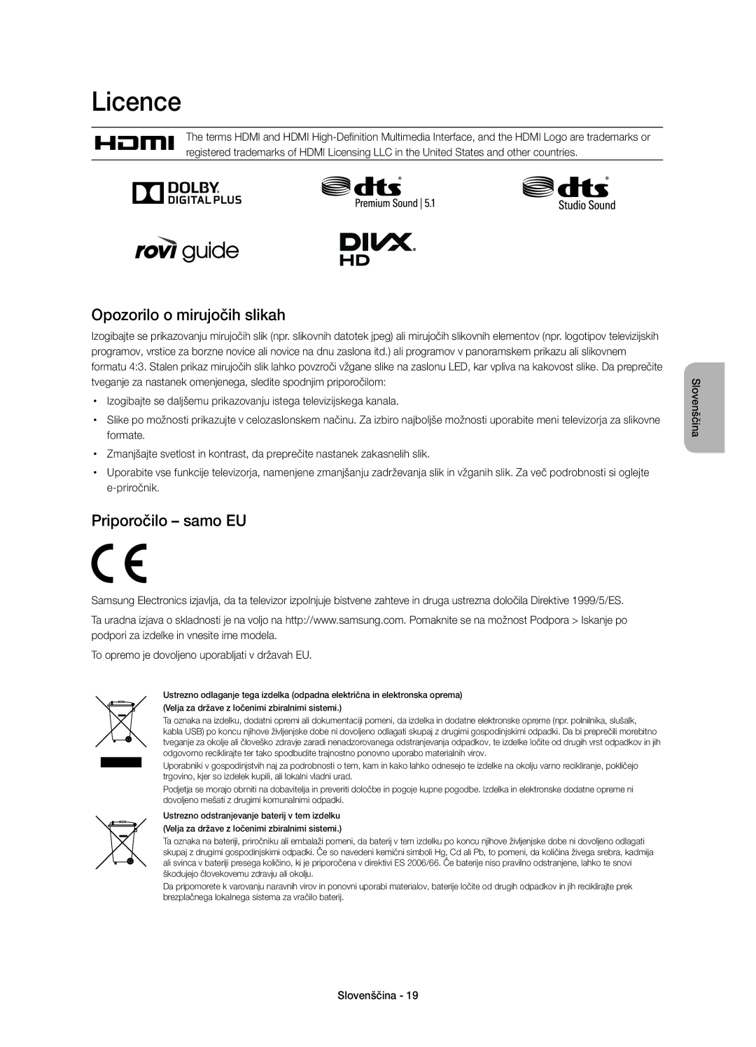 Samsung UE48H4203AWXXH manual Opozorilo o mirujočih slikah, Priporočilo samo EU, Formate, Priročnik 