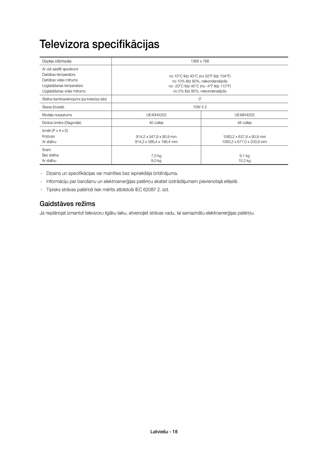 Samsung UE48H4203AWXXH manual Televizora specifikācijas, Gaidstāves režīms 