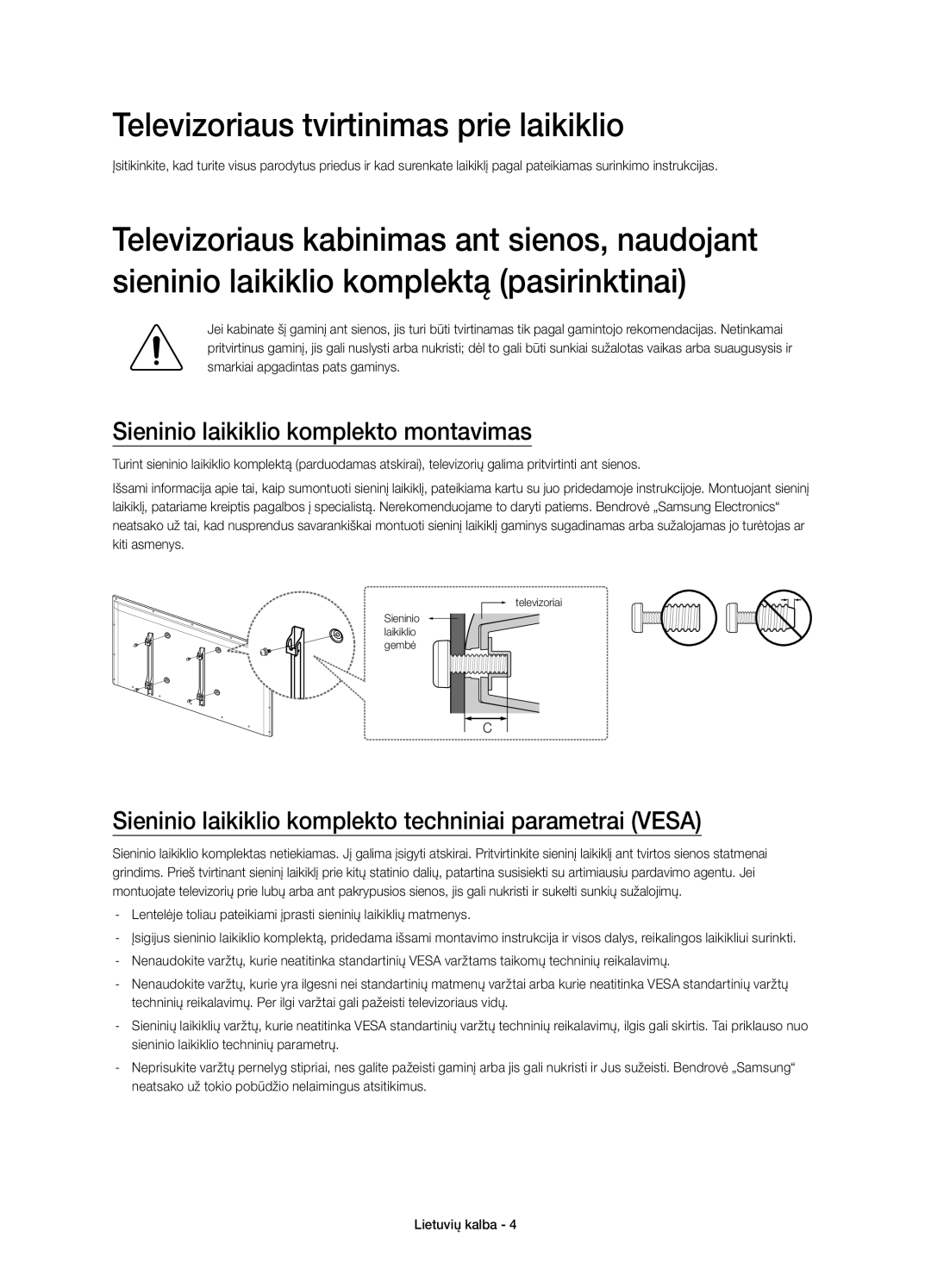 Samsung UE48H4203AWXXH manual Televizoriaus tvirtinimas prie laikiklio, Sieninio laikiklio komplekto montavimas 