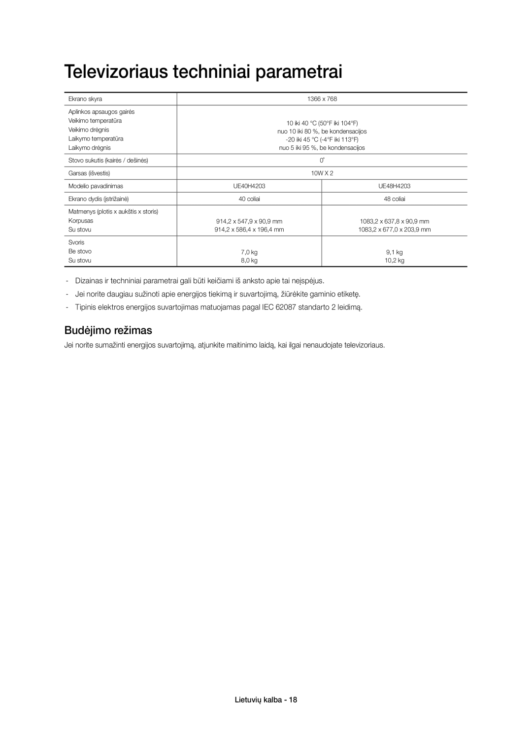 Samsung UE48H4203AWXXH manual Televizoriaus techniniai parametrai, Budėjimo režimas 