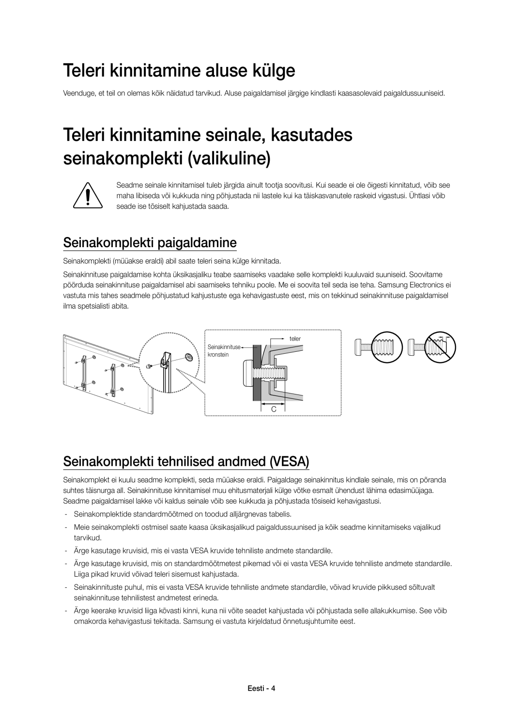 Samsung UE48H4203AWXXH Teleri kinnitamine aluse külge, Seinakomplekti paigaldamine, Seinakomplekti tehnilised andmed Vesa 