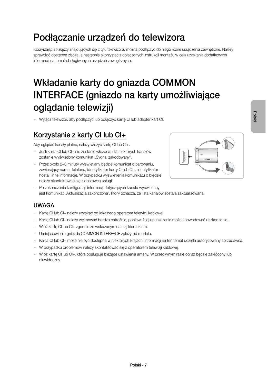 Samsung UE48H4203AWXXH manual Podłączanie urządzeń do telewizora, Korzystanie z karty CI lub CI+ 