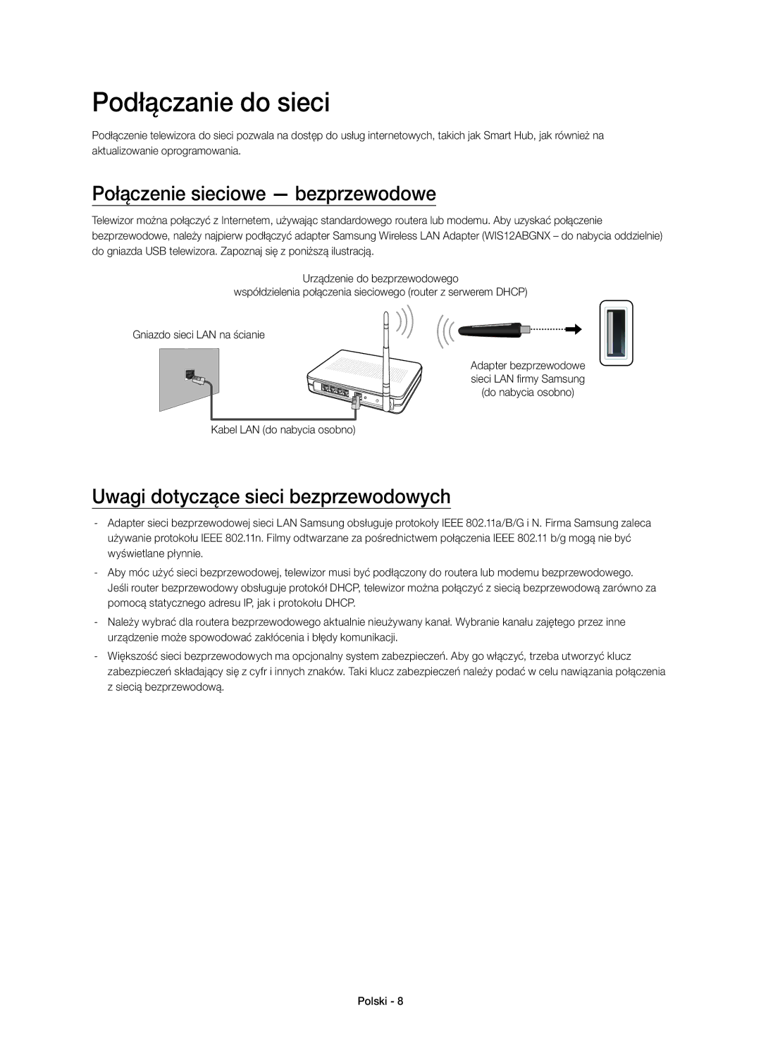 Samsung UE48H4203AWXXH Podłączanie do sieci, Połączenie sieciowe bezprzewodowe, Uwagi dotyczące sieci bezprzewodowych 