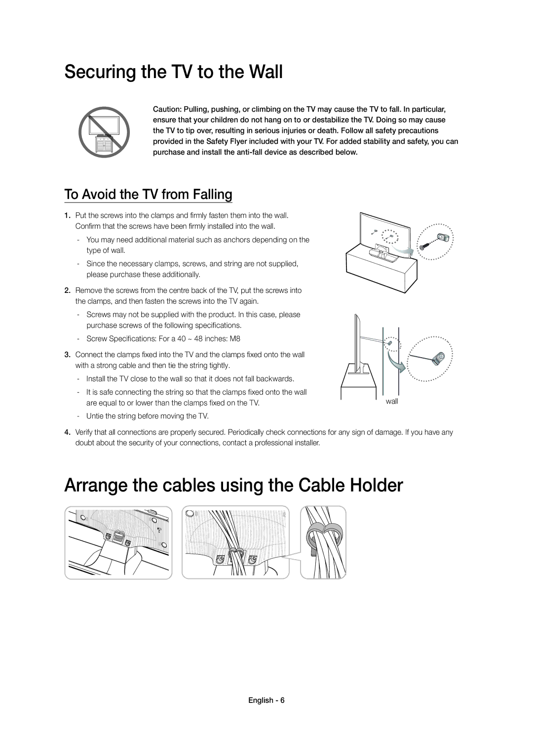 Samsung UE48H4203AWXXH manual Securing the TV to the Wall, Arrange the cables using the Cable Holder 