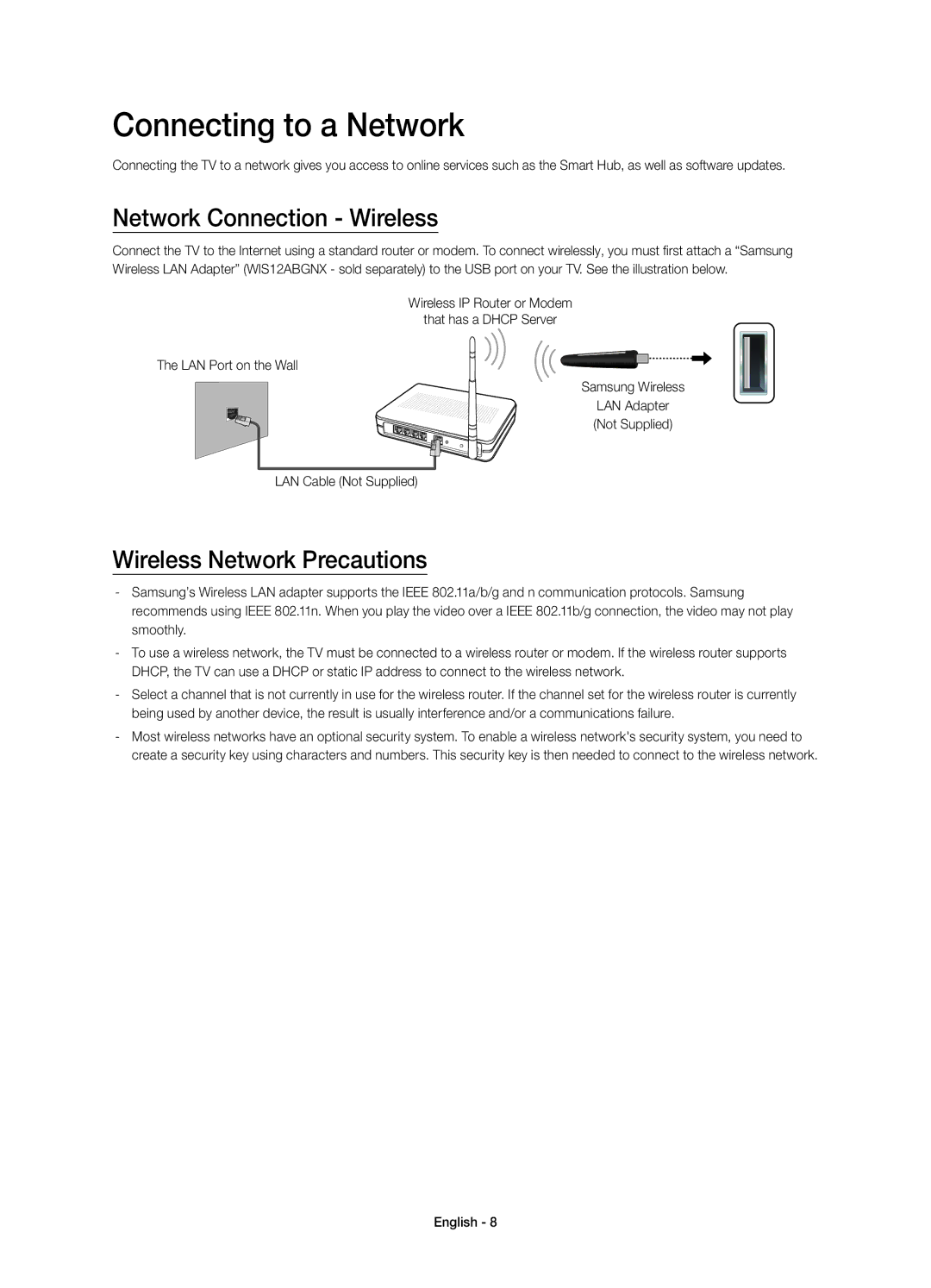 Samsung UE48H4203AWXXH manual Connecting to a Network, Network Connection Wireless, Wireless Network Precautions 