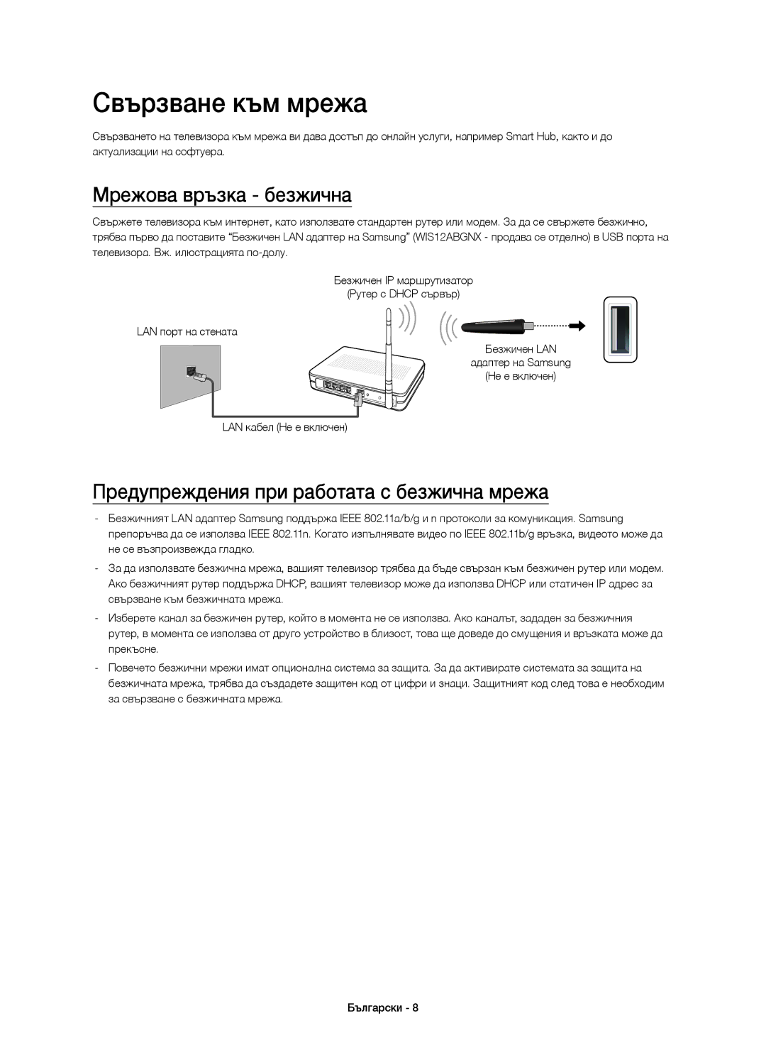 Samsung UE48H4203AWXXH manual Свързване към мрежа, Мрежова връзка безжична, Предупреждения при работата с безжична мрежа 