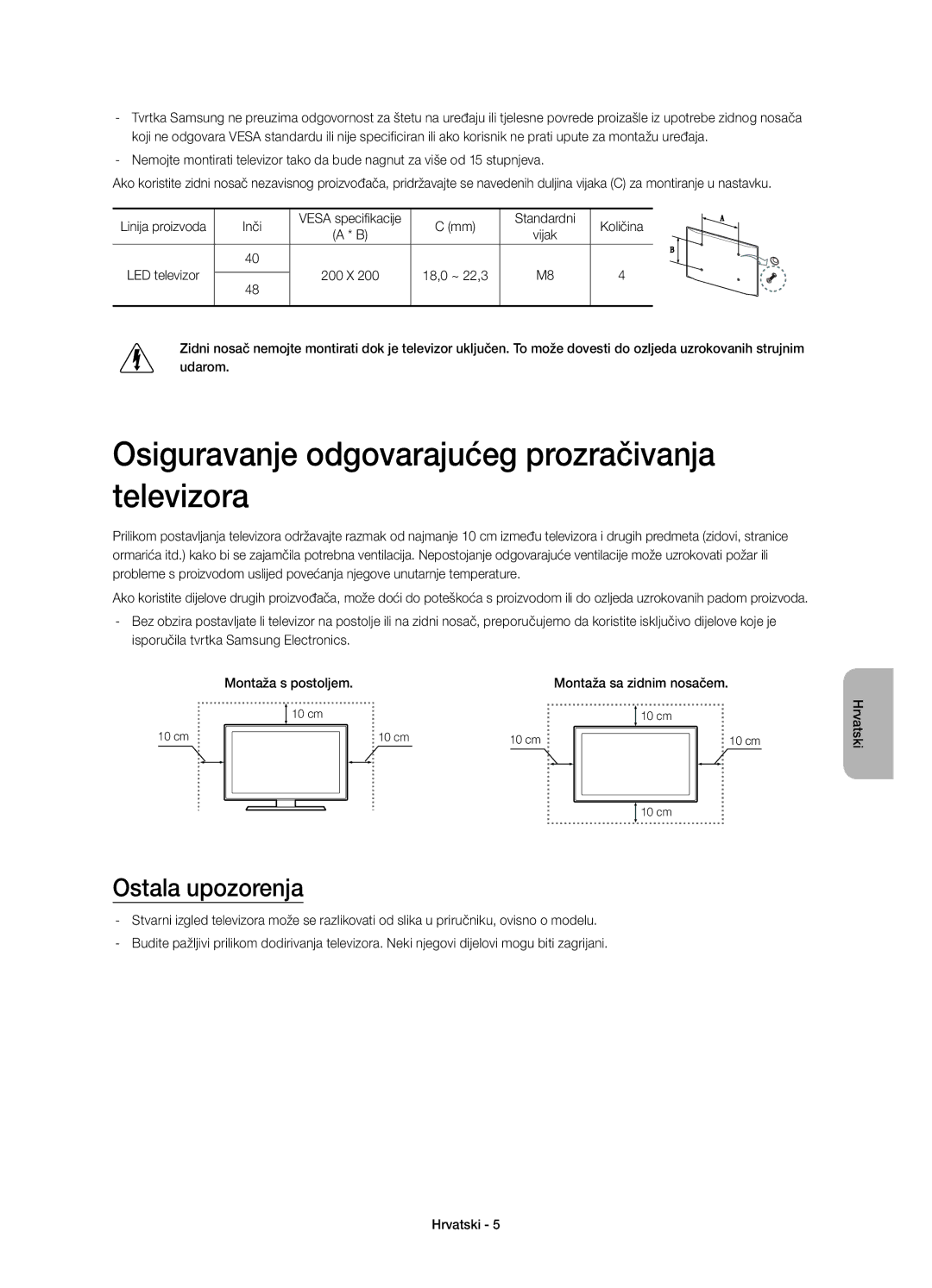 Samsung UE48H4203AWXXH Osiguravanje odgovarajućeg prozračivanja televizora, Ostala upozorenja, Inči, Standardni Količina 