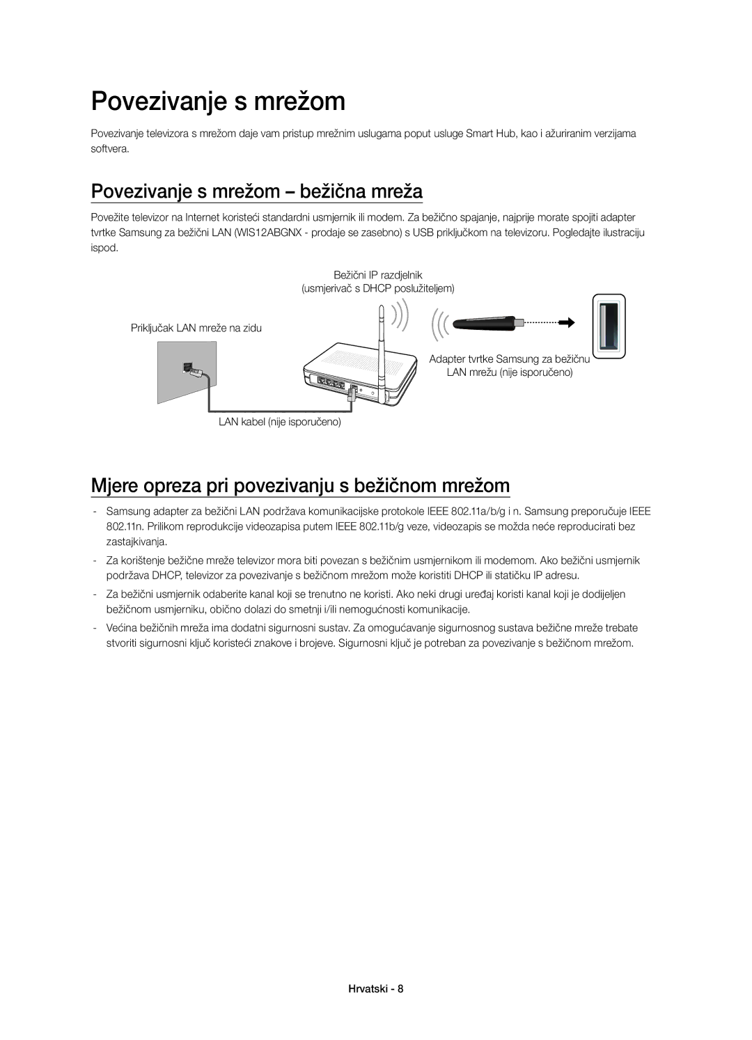 Samsung UE48H4203AWXXH manual Povezivanje s mrežom bežična mreža, Mjere opreza pri povezivanju s bežičnom mrežom 