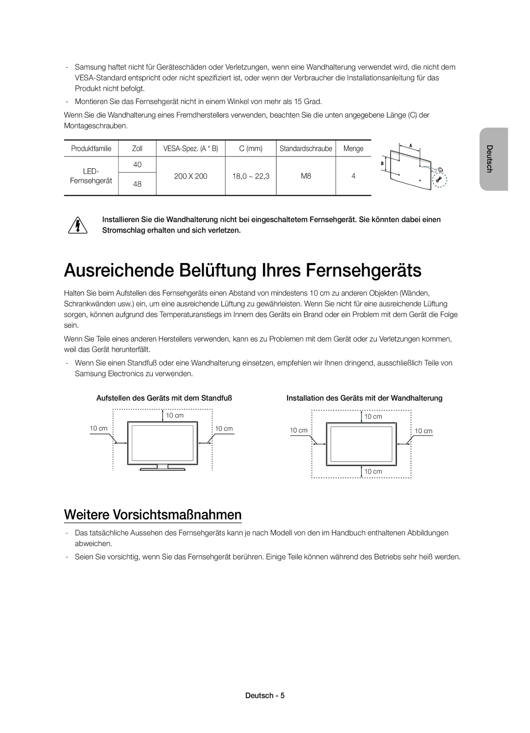 Samsung UE48H4273SSXZG manual Ausreichende Belüftung Ihres Fernsehgeräts, Weitere Vorsichtsmaßnahmen, Zoll, 18,0 ~ 22,3 