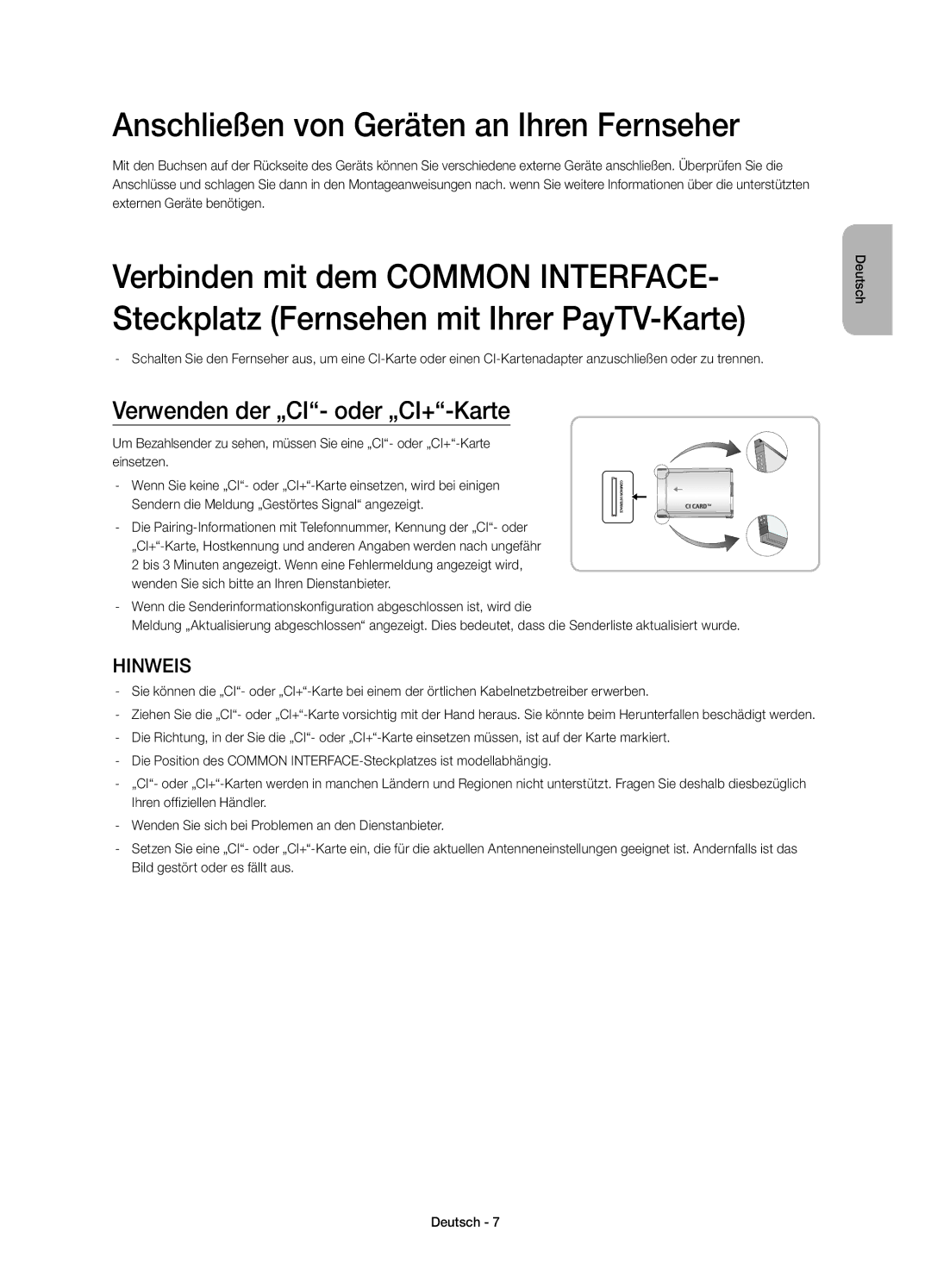 Samsung UE48H4273SSXZG manual Anschließen von Geräten an Ihren Fernseher, Verwenden der „CI- oder „CI+-Karte 