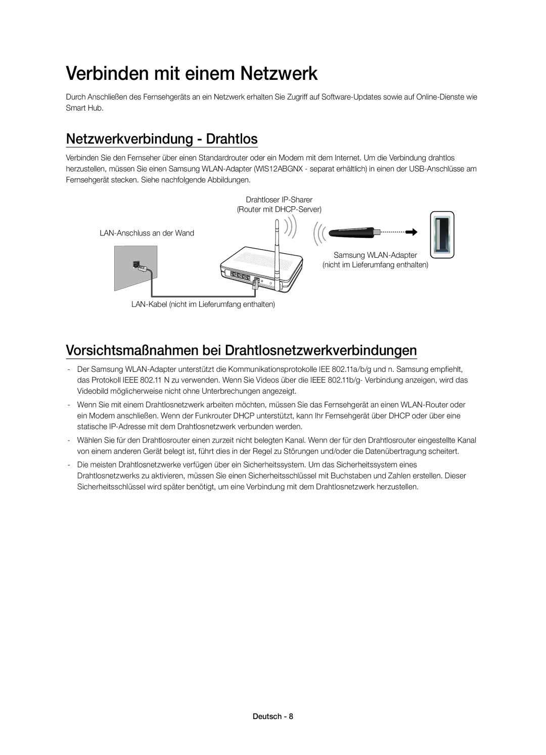 Samsung UE48H4273SSXZG manual Verbinden mit einem Netzwerk, Netzwerkverbindung Drahtlos 