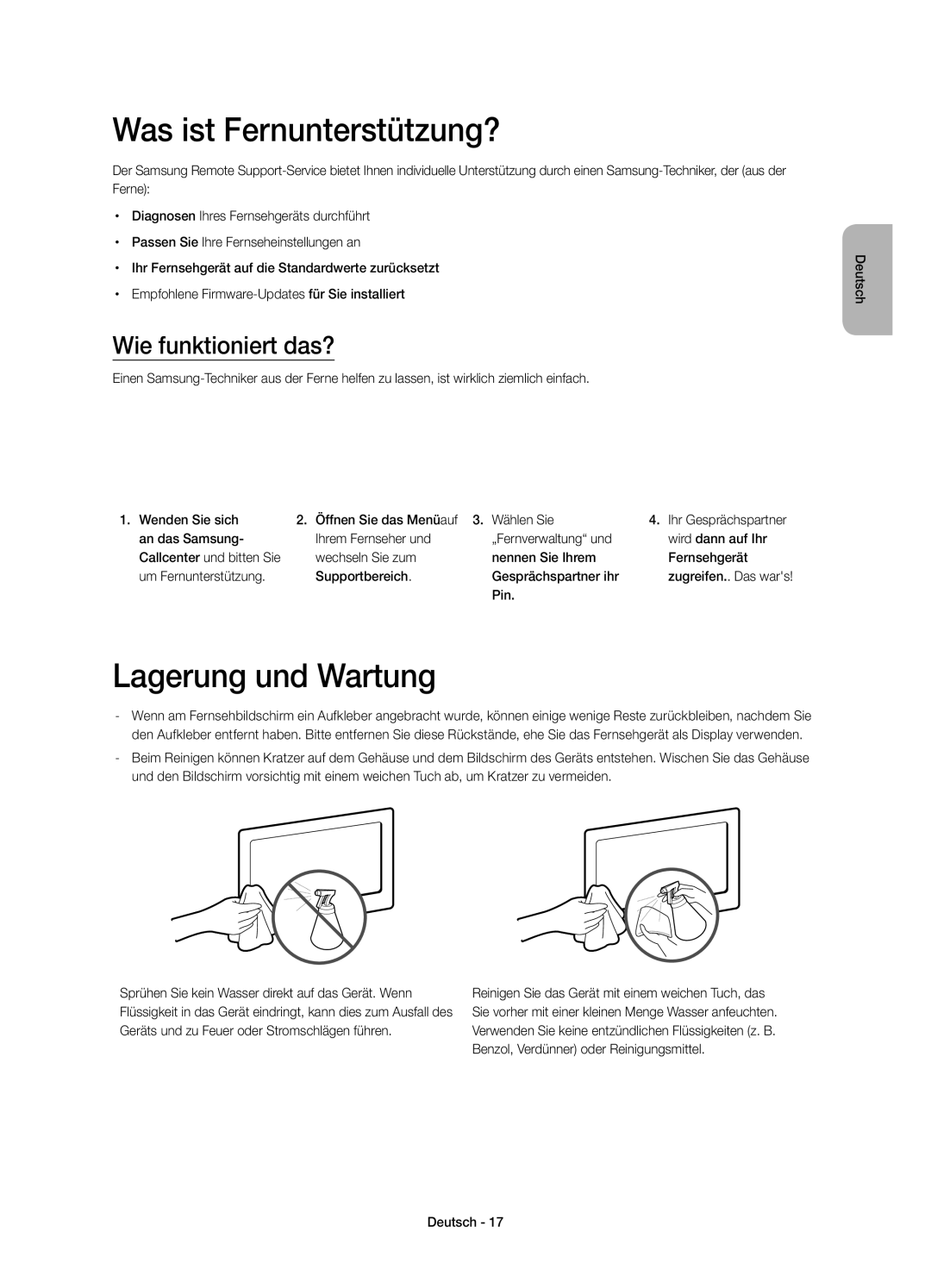 Samsung UE48H4273SSXZG manual Was ist Fernunterstützung?, Lagerung und Wartung, Wie funktioniert das?, Pin 