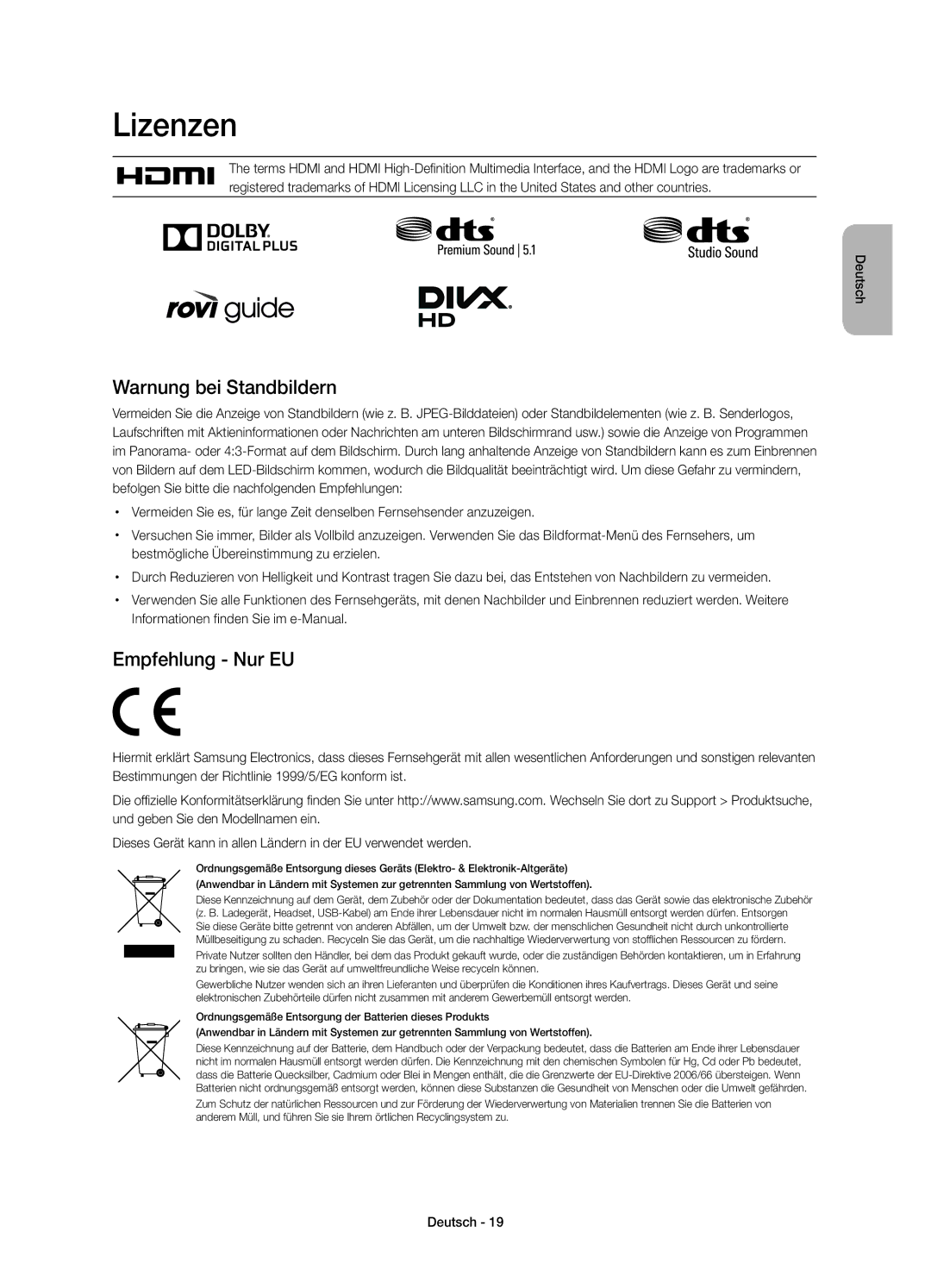 Samsung UE48H4273SSXZG manual Lizenzen, Warnung bei Standbildern, Empfehlung Nur EU 