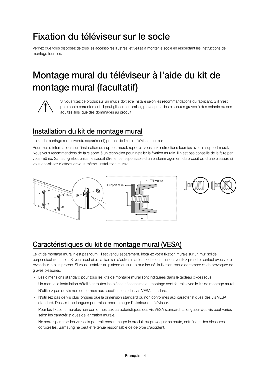 Samsung UE48H4273SSXZG manual Fixation du téléviseur sur le socle, Installation du kit de montage mural 