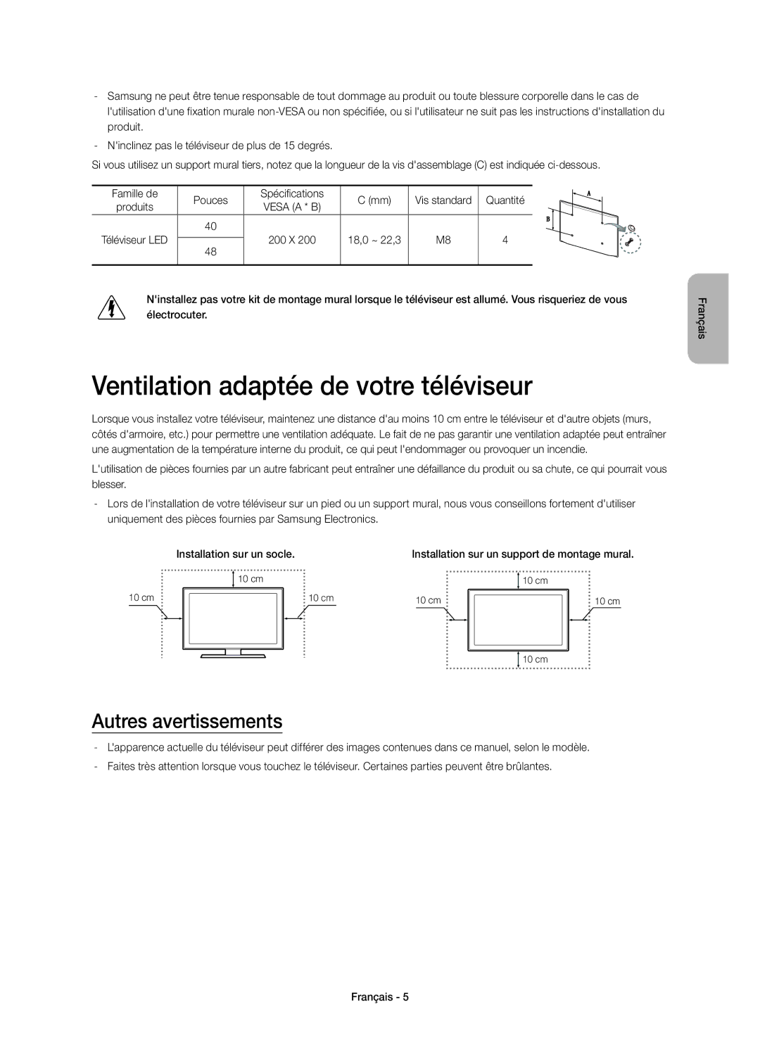 Samsung UE48H4273SSXZG manual Ventilation adaptée de votre téléviseur, Autres avertissements, Quantité 