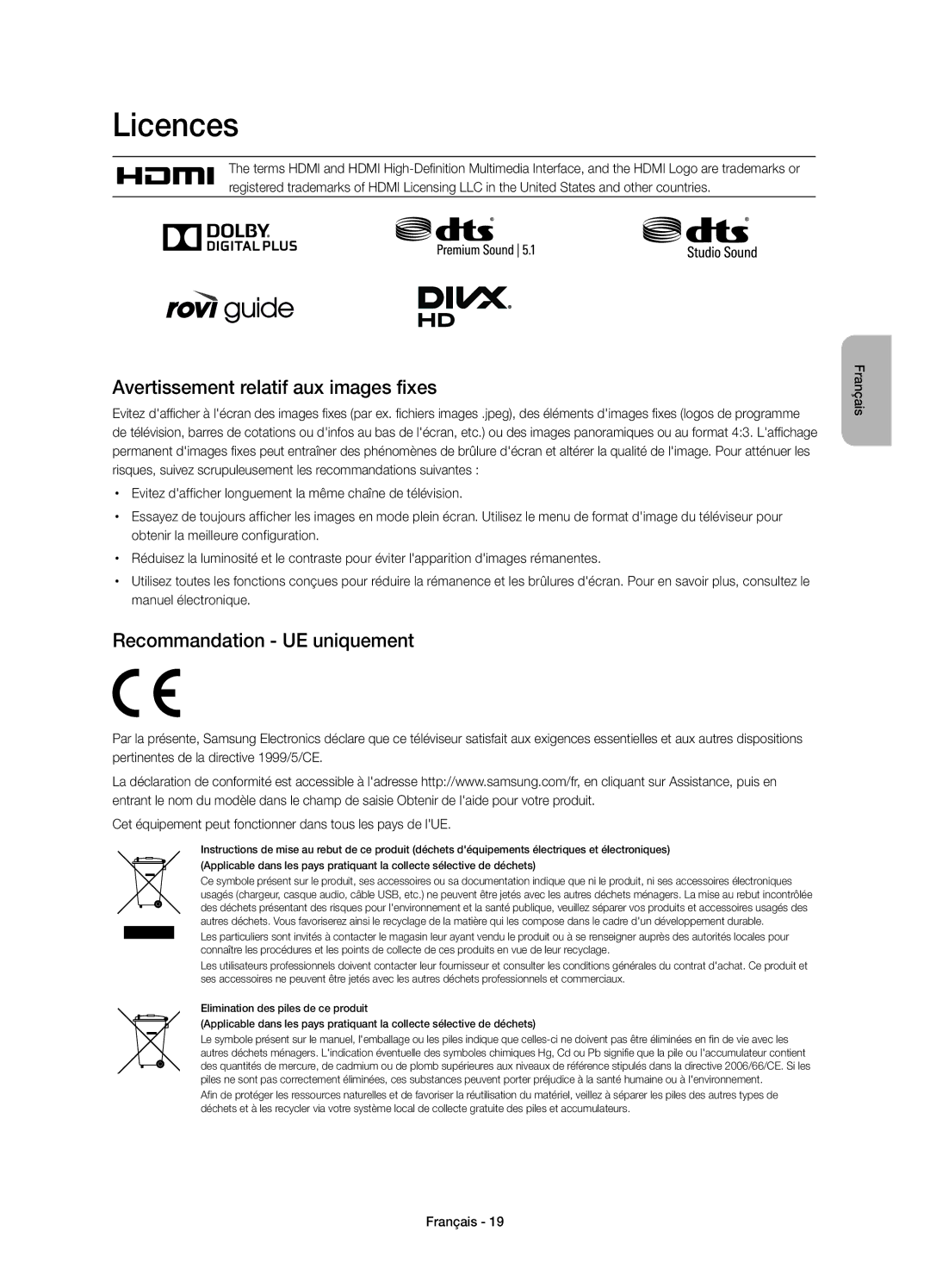 Samsung UE48H4273SSXZG manual Avertissement relatif aux images fixes, Recommandation UE uniquement, Manuel électronique 