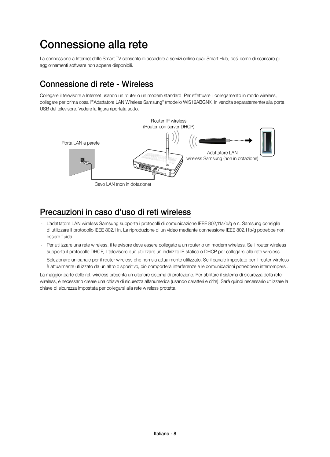 Samsung UE48H4273SSXZG Connessione alla rete, Connessione di rete Wireless, Precauzioni in caso duso di reti wireless 