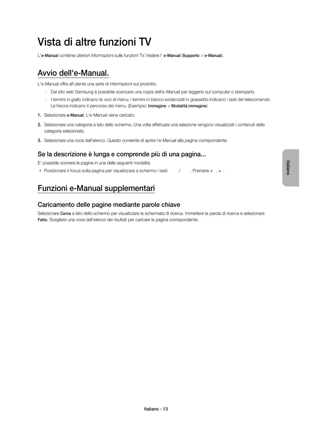 Samsung UE48H4273SSXZG manual Vista di altre funzioni TV, Avvio delle-Manual, Funzioni e-Manual supplementari 