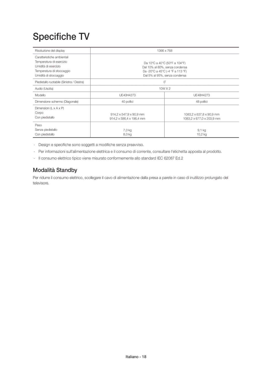 Samsung UE48H4273SSXZG manual Specifiche TV, Modalità Standby 