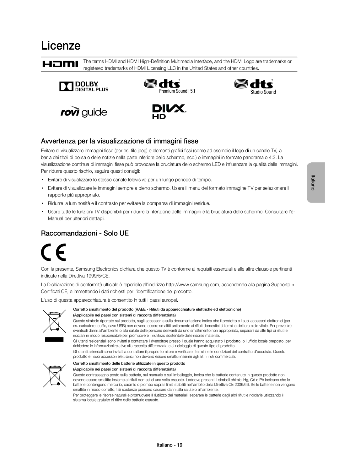 Samsung UE48H4273SSXZG manual Licenze, Avvertenza per la visualizzazione di immagini fisse, Raccomandazioni Solo UE 