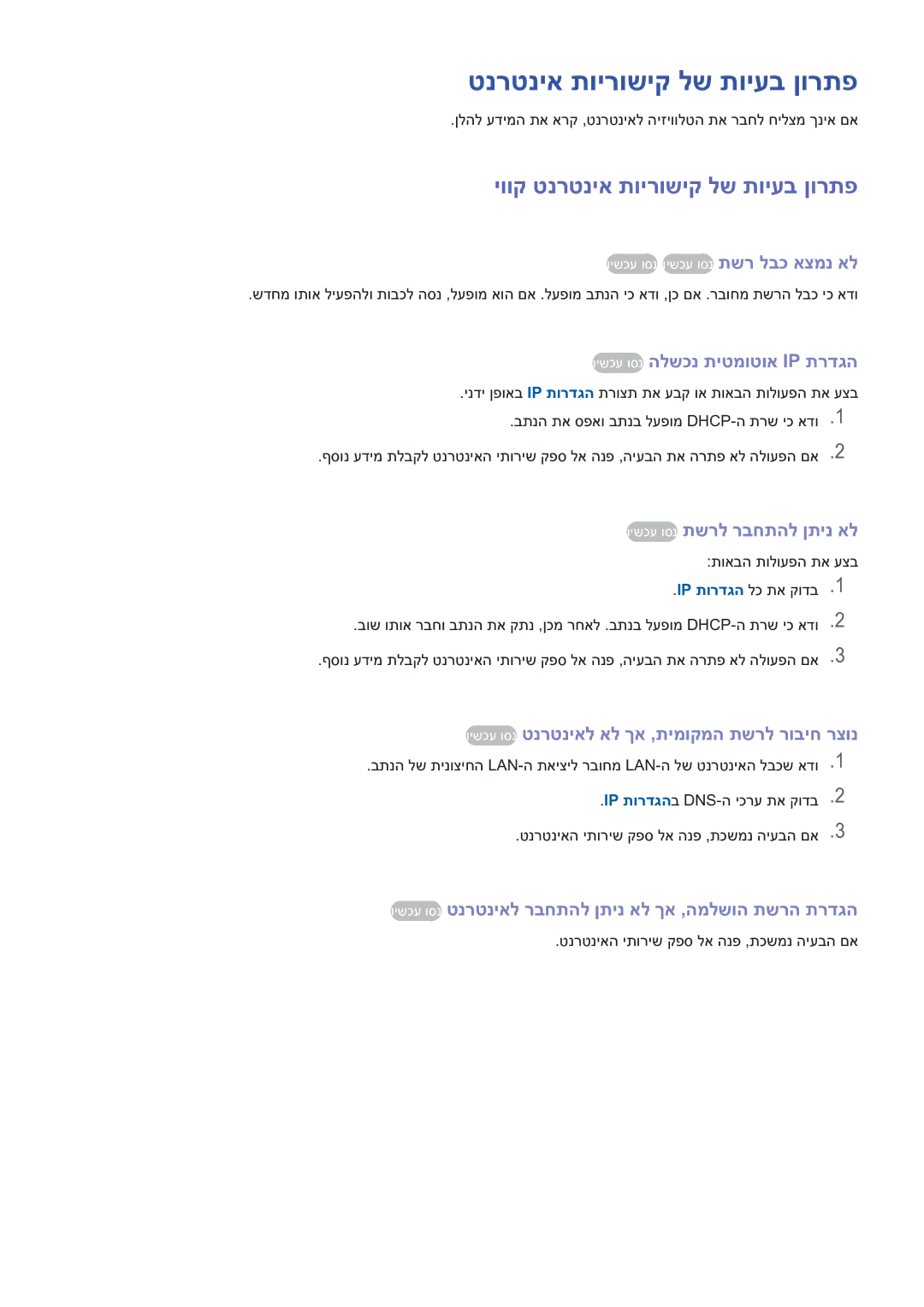 Samsung UE46H6203AWXXH, UE48H5003AWXXH manual יווק טנרטניא תוירושיק לש תויעב ןורתפ 