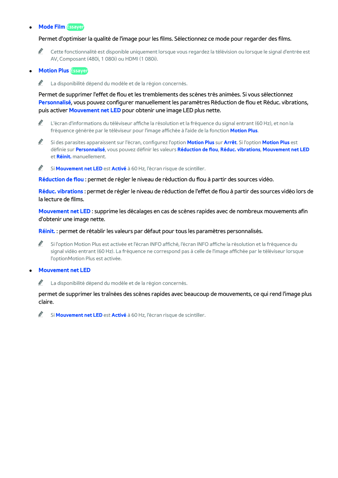 Samsung UE40H4203AWXZF, UE48H5003AWXZF, UE46H6203AWXZF manual Mode Film Essayer, Motion Plus Essayer, Mouvement net LED 