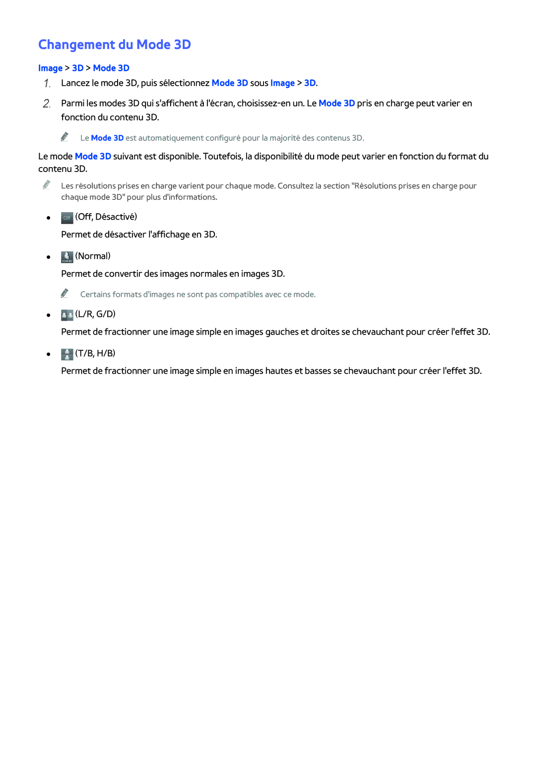 Samsung UE55H6203AWXZF, UE48H5003AWXZF, UE40H4203AWXZF, UE46H6203AWXZF manual Changement du Mode 3D, Image 3D Mode 3D 
