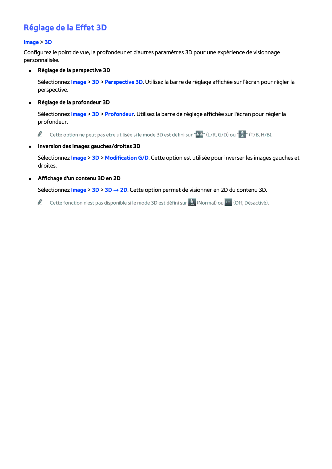 Samsung UE40H5303AWXZF, UE48H5003AWXZF Réglage de la Effet 3D, Réglage de la perspective 3D, Réglage de la profondeur 3D 