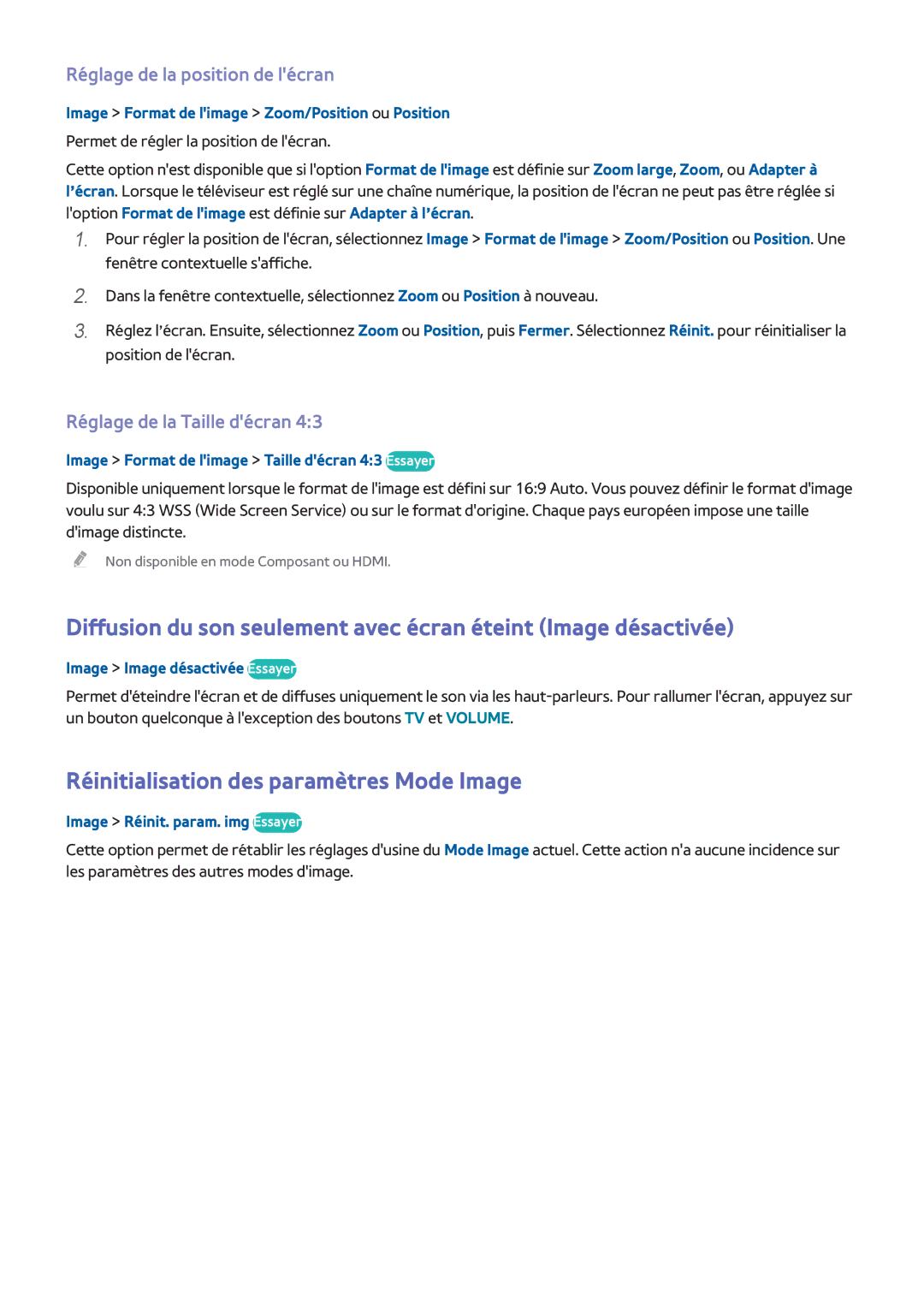 Samsung UE58H5203AWXZF, UE48H5003AWXZF manual Réinitialisation des paramètres Mode Image, Réglage de la position de lécran 