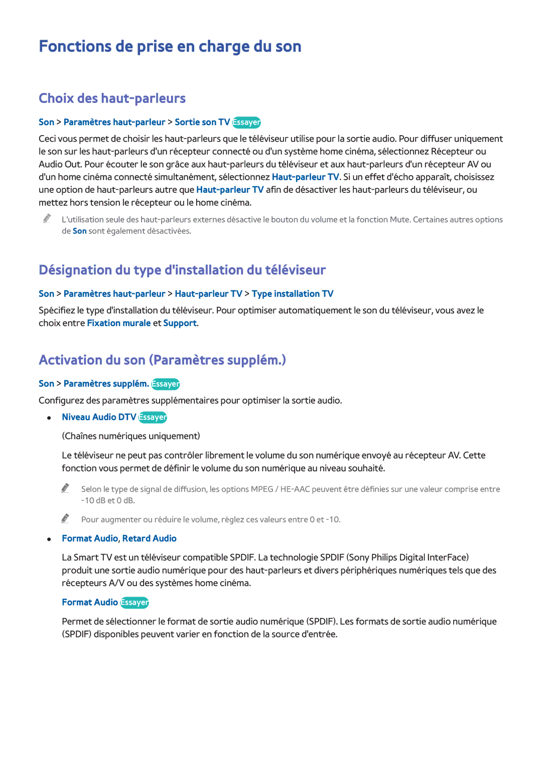 Samsung UE48H5003AWXZF Fonctions de prise en charge du son, Choix des haut-parleurs, Activation du son Paramètres supplém 