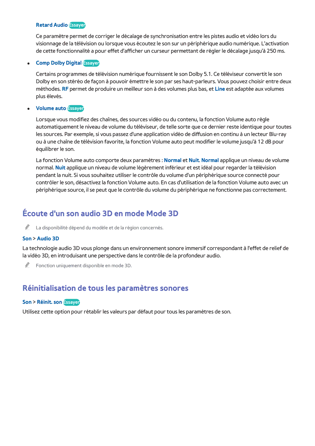 Samsung UE40H4203AWXZF manual Écoute dun son audio 3D en mode Mode 3D, Réinitialisation de tous les paramètres sonores 