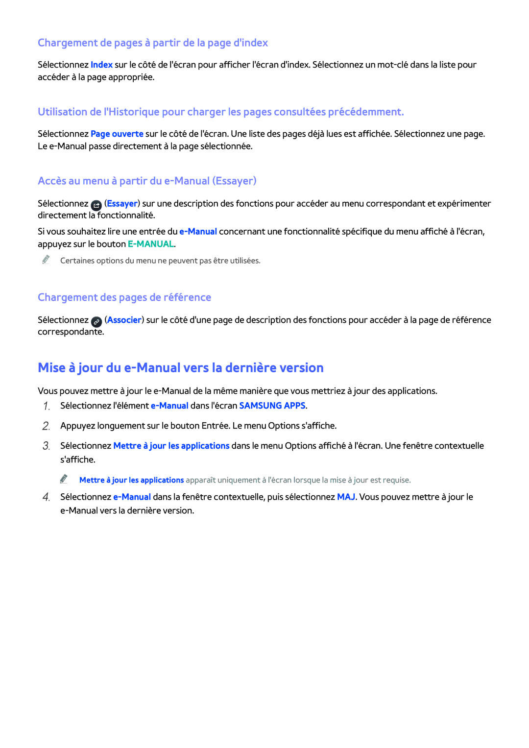 Samsung UE58H5203AWXZF Mise à jour du e-Manual vers la dernière version, Chargement de pages à partir de la page dindex 