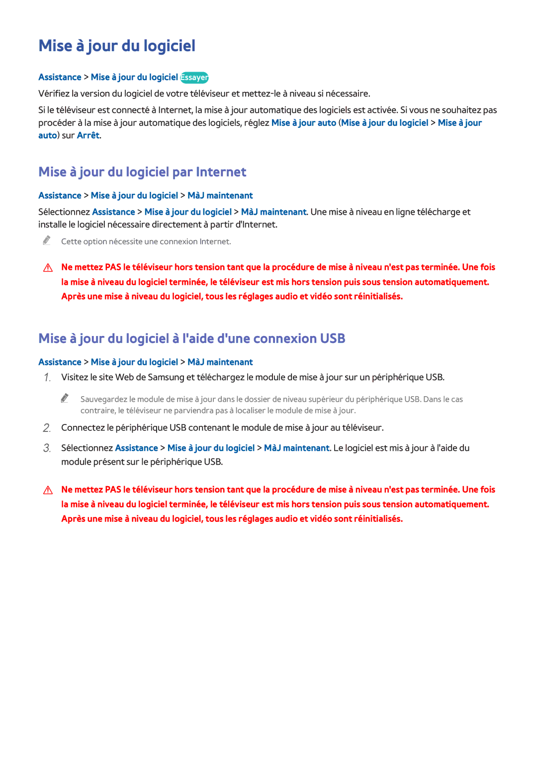 Samsung UE48H4203AWXZF manual Mise à jour du logiciel par Internet, Mise à jour du logiciel à laide dune connexion USB 