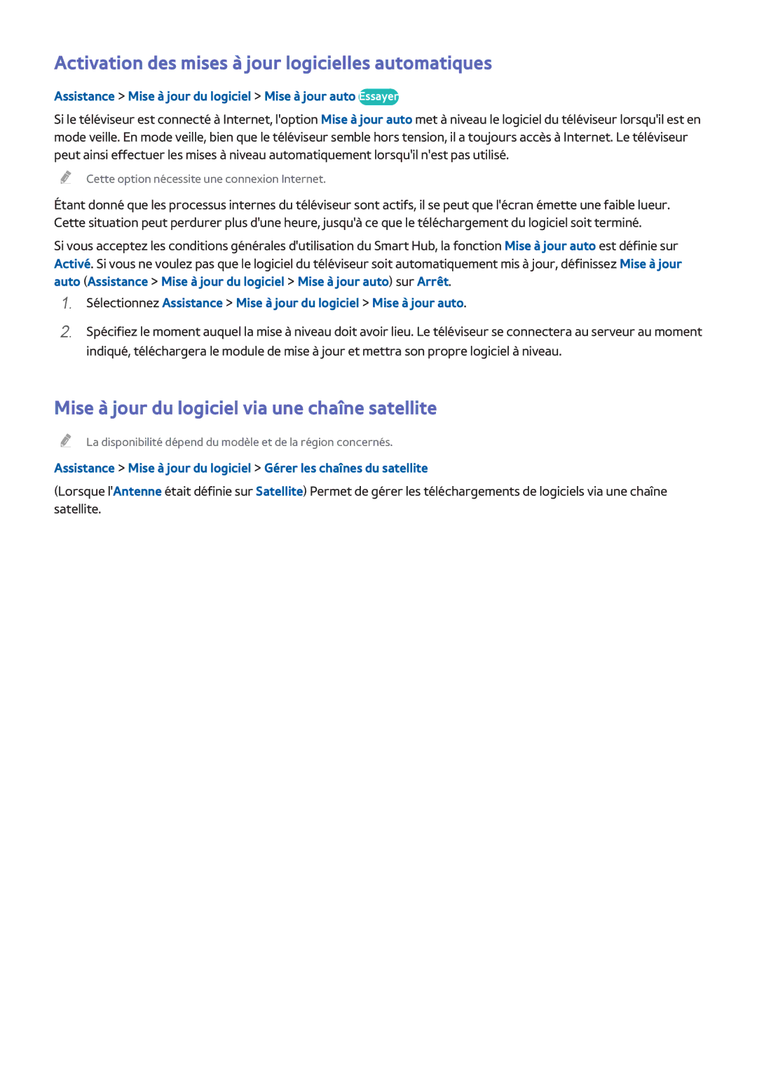 Samsung UE58J5200AWXZF, UE48H5003AWXZF, UE40H4203AWXZF, UE46H6203AWXZF Activation des mises à jour logicielles automatiques 