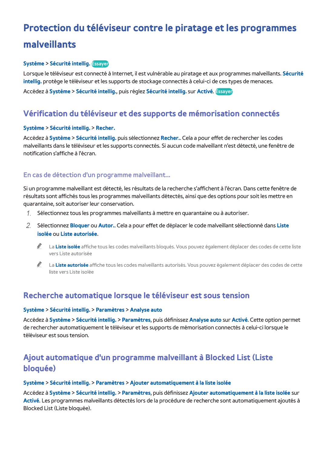 Samsung UE48H5003AWXZF, UE40H4203AWXZF En cas de détection dun programme malveillant, Système Sécurité intellig. Essayer 