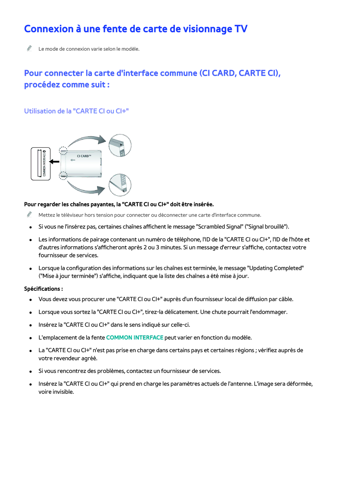 Samsung UE40H6203AWXZF, UE48H5003AWXZF Connexion à une fente de carte de visionnage TV, Utilisation de la Carte CI ou CI+ 