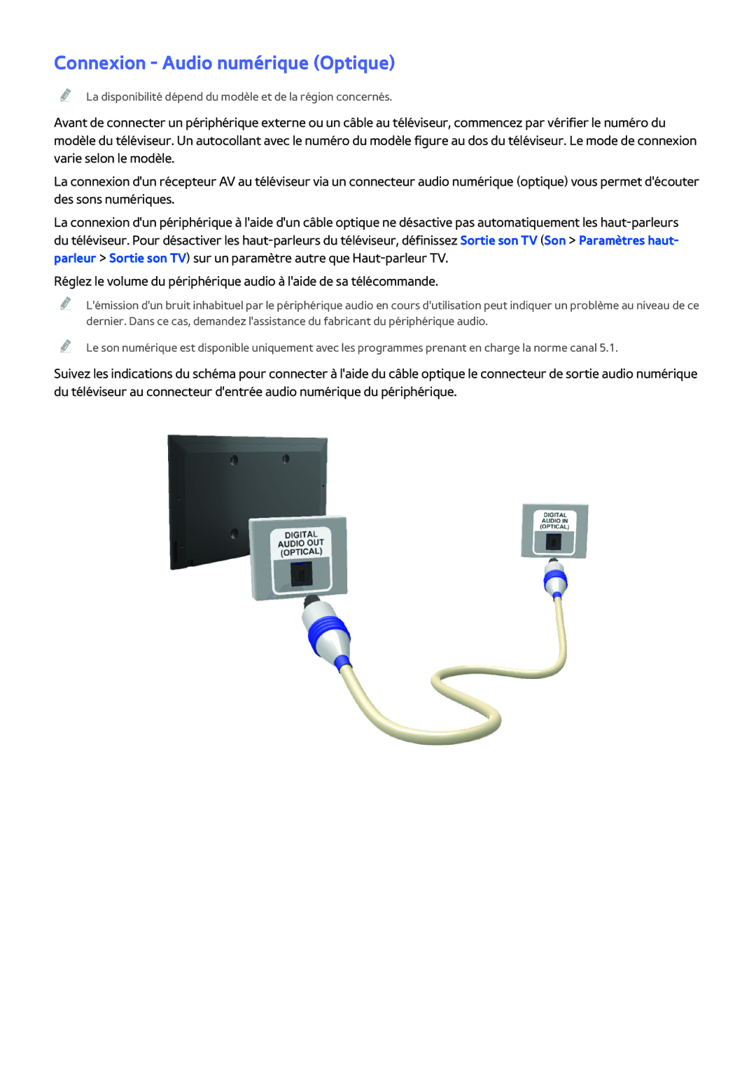 Samsung UE55H6203AWXZF, UE48H5003AWXZF, UE40H4203AWXZF, UE46H6203AWXZF, UE40H5303AWXZF manual Connexion Audio numérique Optique 