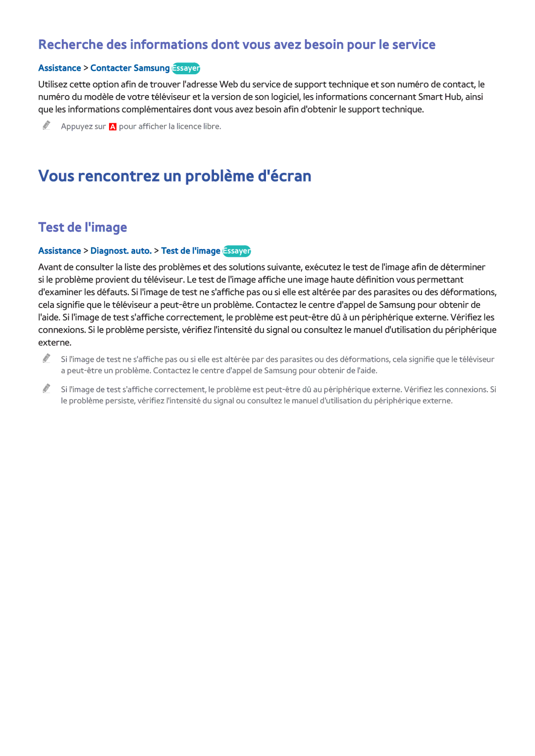 Samsung UE55H6203AWXZF manual Vous rencontrez un problème décran, Test de limage, Assistance Contacter Samsung Essayer 
