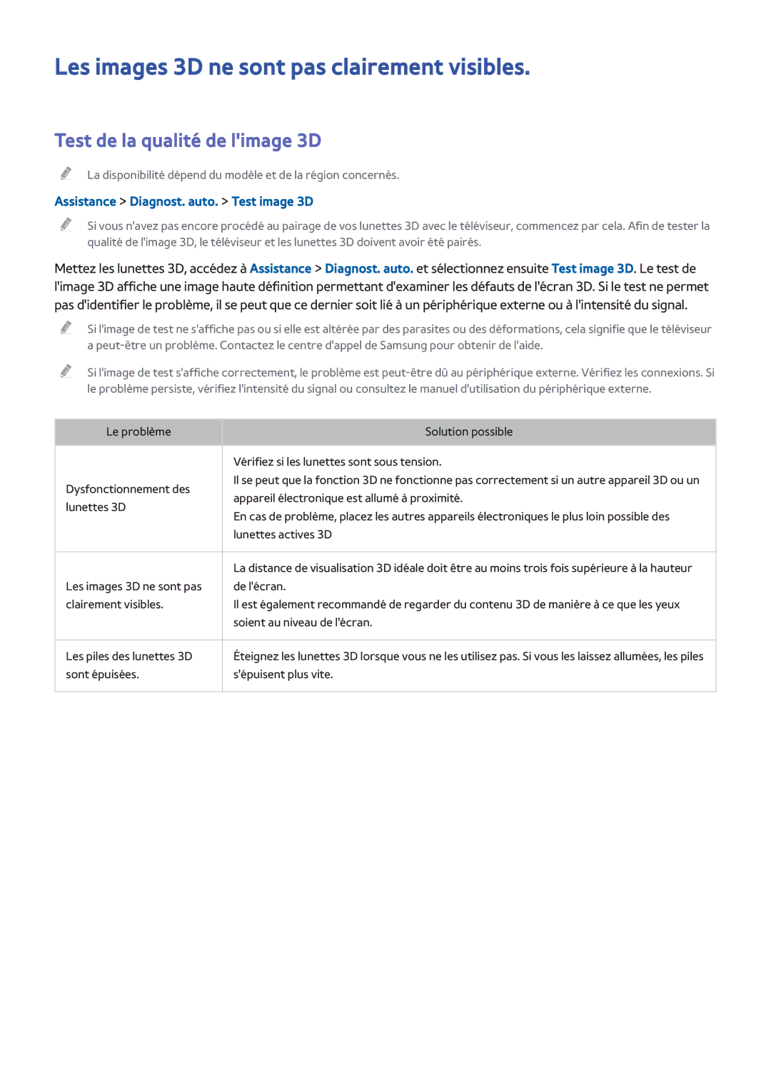Samsung UE58H5203AWXZF, UE48H5003AWXZF manual Les images 3D ne sont pas clairement visibles, Test de la qualité de limage 3D 