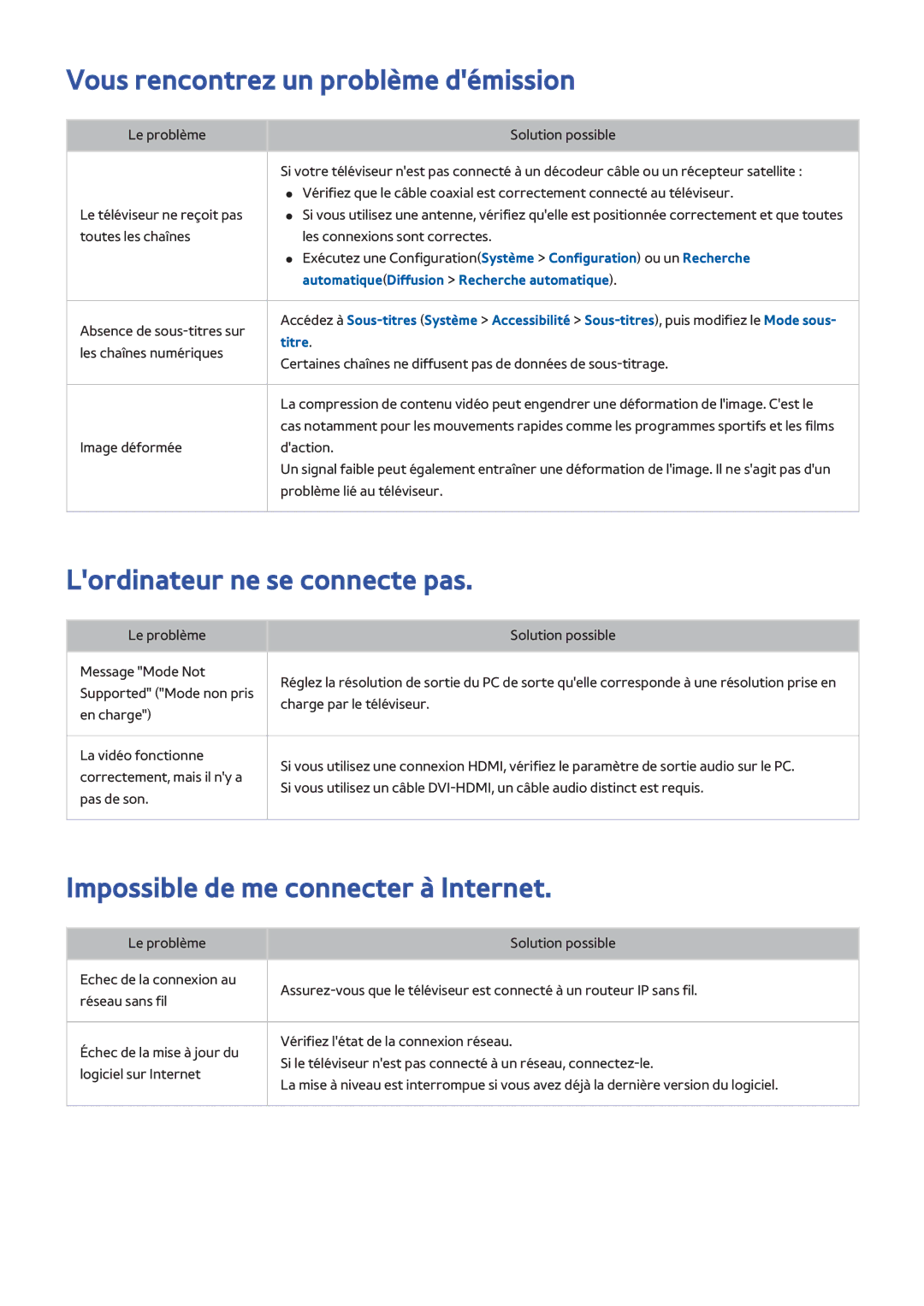 Samsung UE48H4203AWXZF, UE48H5003AWXZF manual Vous rencontrez un problème démission, Lordinateur ne se connecte pas 