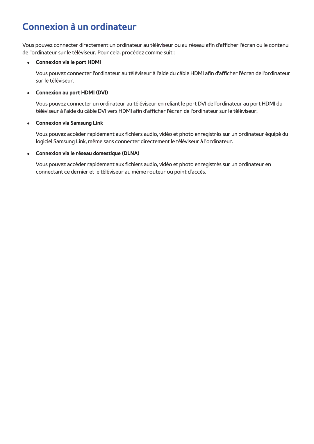 Samsung UE60H6203AWXZF, UE48H5003AWXZF Connexion à un ordinateur, Connexion via le port Hdmi, Connexion au port Hdmi DVI 