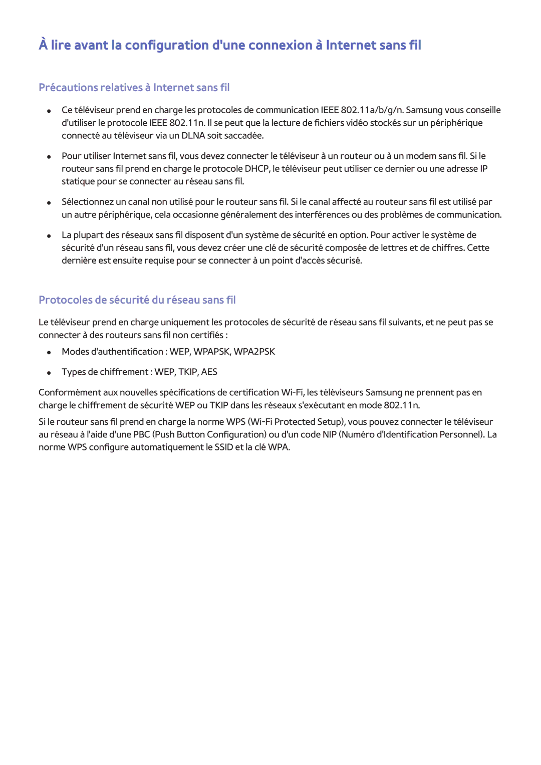 Samsung UE58H5203AWXZF manual Précautions relatives à Internet sans fil, Protocoles de sécurité du réseau sans fil 