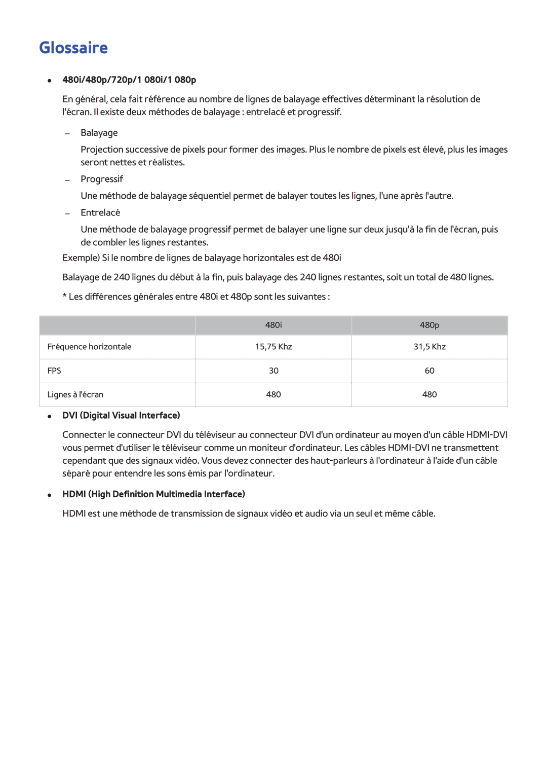 Samsung UE60H6203AWXZF, UE48H5003AWXZF manual Glossaire, 480i/480p/720p/1 080i/1 080p, DVI Digital Visual Interface 