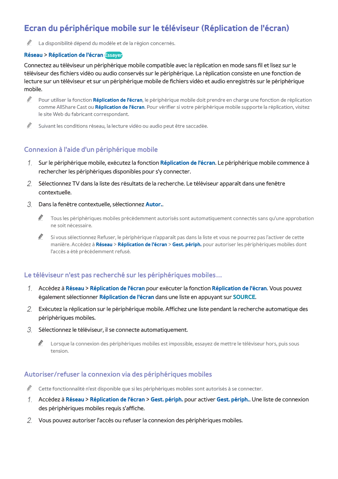 Samsung UE48H5003AWXZF, UE40H4203AWXZF Connexion à laide dun périphérique mobile, Réseau Réplication de lécran Essayer 