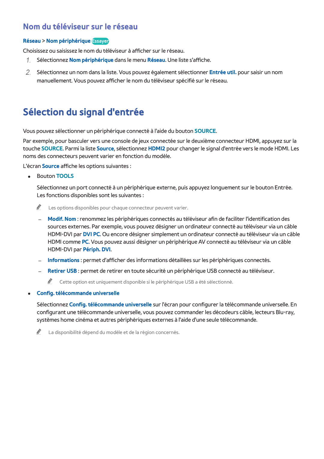 Samsung UE55H6203AWXZF manual Sélection du signal dentrée, Nom du téléviseur sur le réseau, Réseau Nom périphérique Essayer 