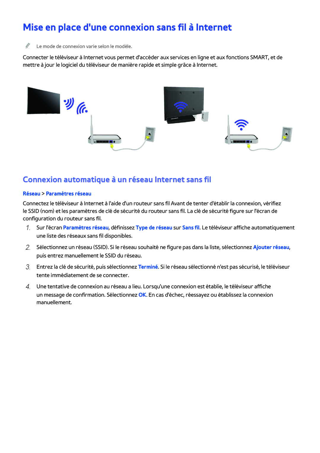 Samsung UE40H6203AWXZF, UE48H5003AWXZF, UE40H4203AWXZF, UE46H6203AWXZF manual Mise en place dune connexion sans fil à Internet 