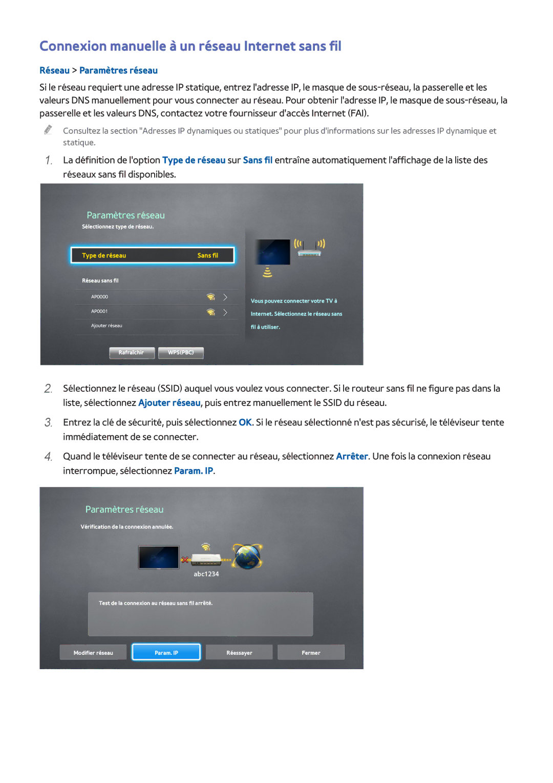 Samsung UE58H5203AWXZF, UE48H5003AWXZF manual Connexion manuelle à un réseau Internet sans fil, Type de réseau Sans fil 