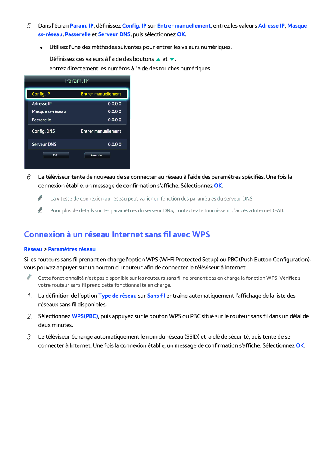 Samsung UE48H4203AWXZF, UE48H5003AWXZF, UE40H4203AWXZF, UE46H6203AWXZF manual Connexion à un réseau Internet sans fil avec WPS 