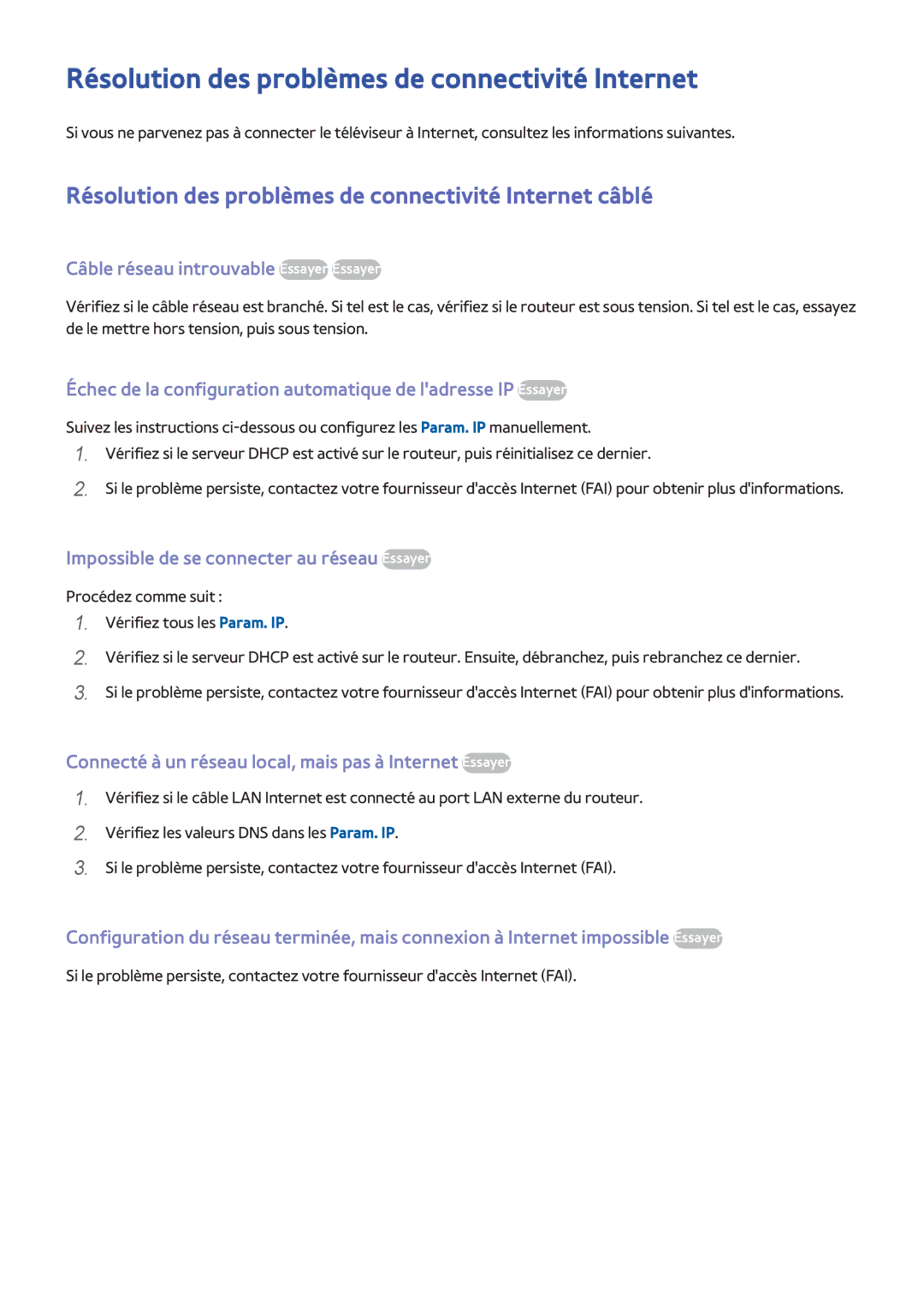 Samsung UE58J5200AWXZF manual Résolution des problèmes de connectivité Internet, Câble réseau introuvable Essayer Essayer 