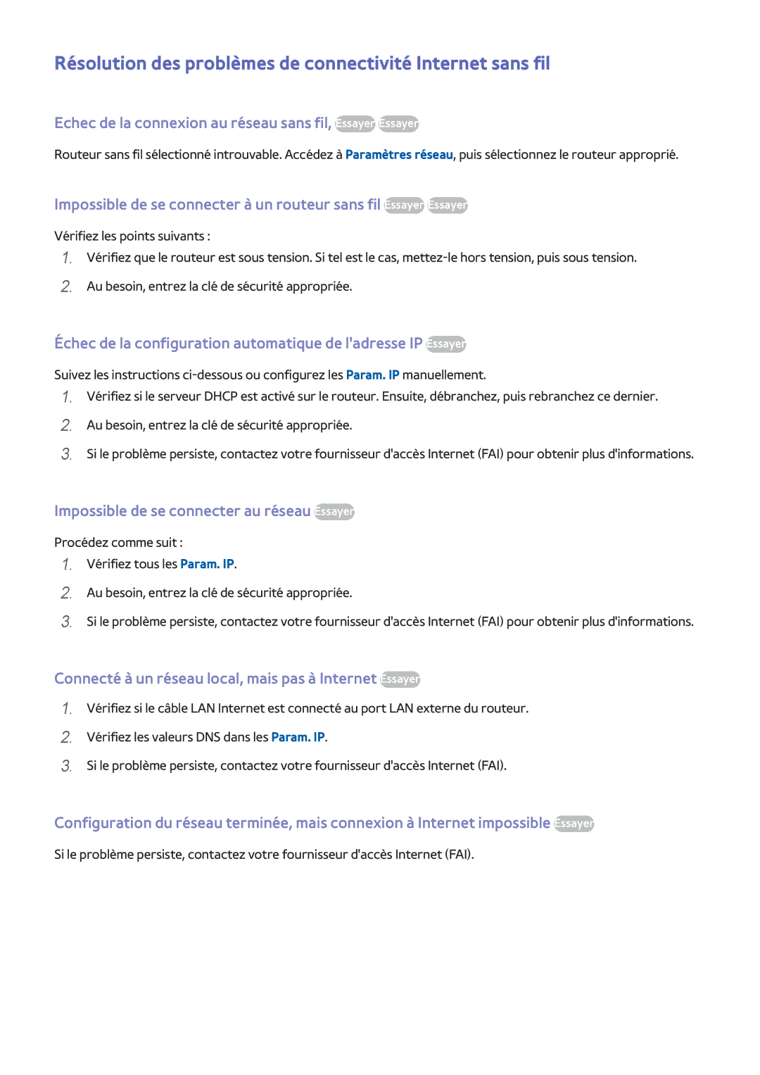 Samsung UE48H5003AWXZF, UE40H4203AWXZF, UE46H6203AWXZF manual Résolution des problèmes de connectivité Internet sans fil 